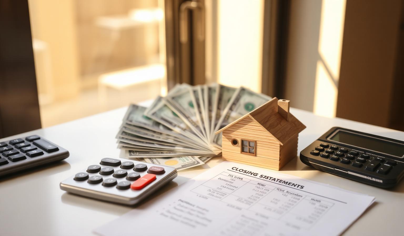 Calculator, US dollars, wooden house model and closing statement — title and escrow costs
