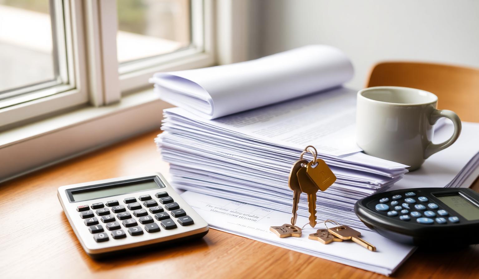 Stack of escrow documents, calculator, brass keys and coffee on a wood desk by a window — California escrow process