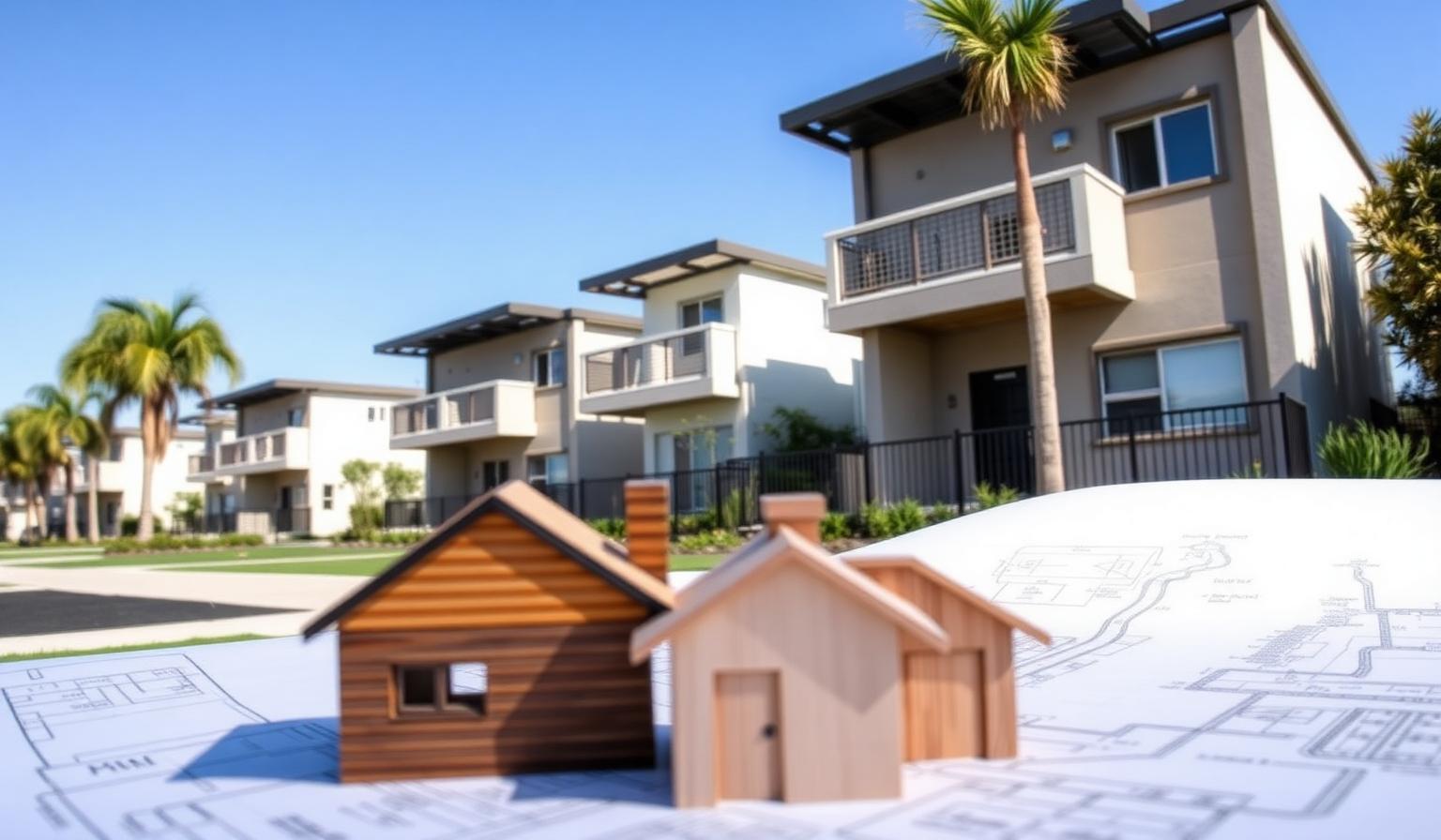 Row of modern South Bay duplex condos with blueprints and house models in the foreground — real estate investment property