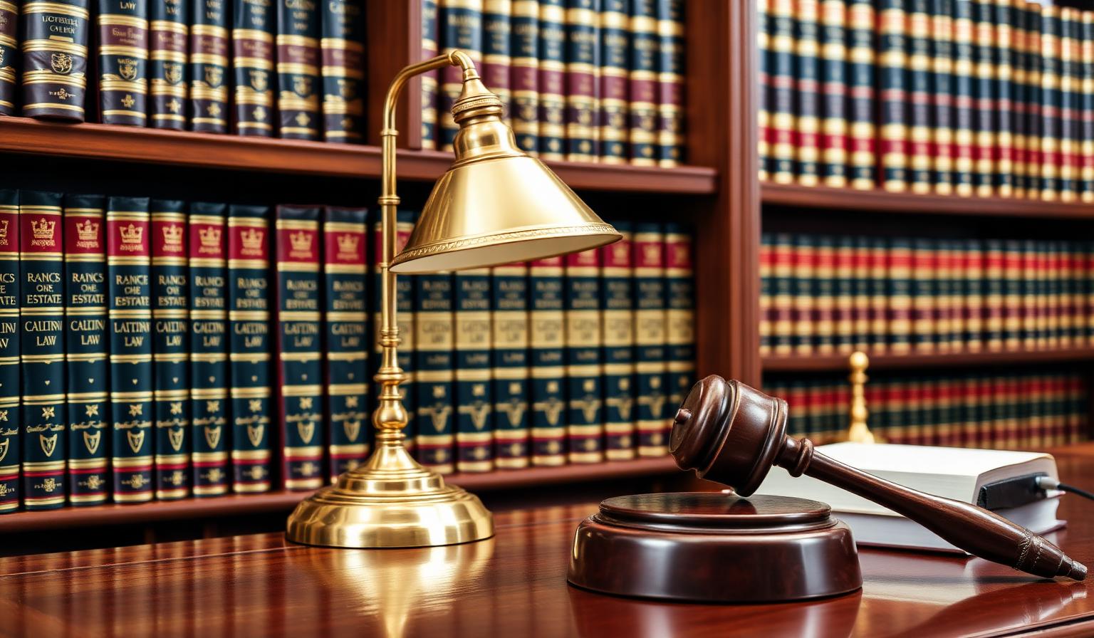 Brass desk lamp and gavel in front of California real estate law books — legal aspects of title and escrow
